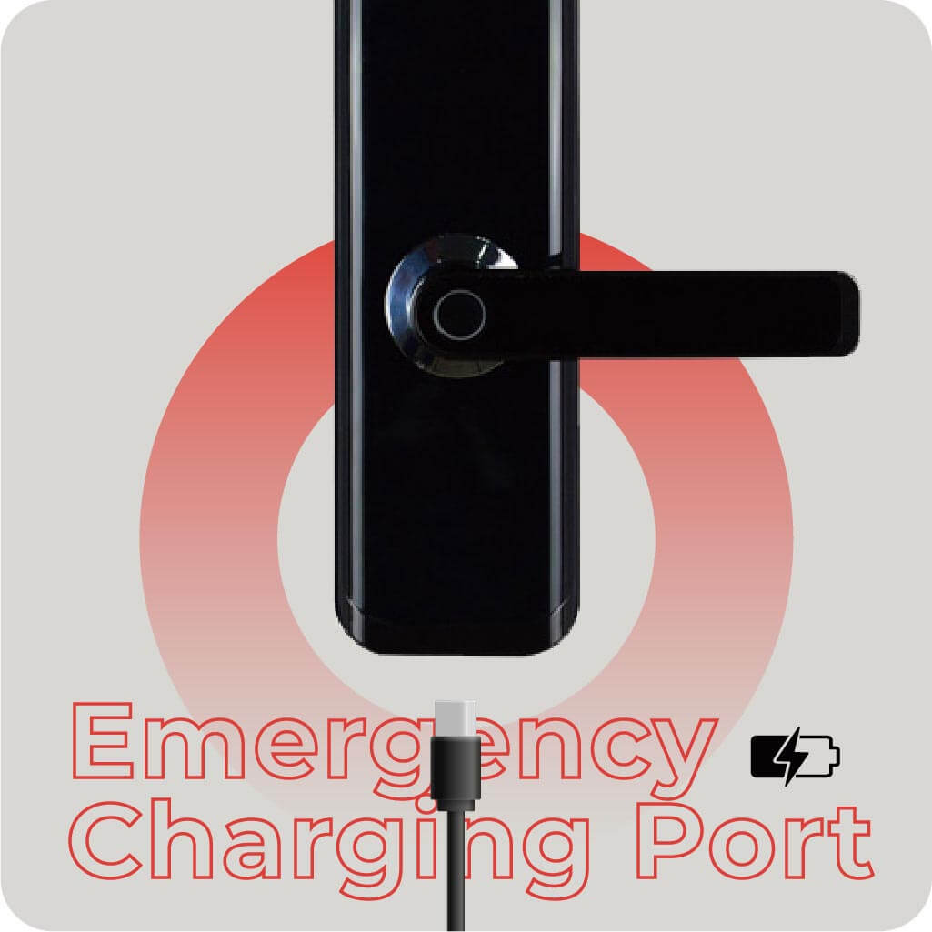Raizo R320 digital door lock can plug in power bank to supply temporary power when it is run out of battery in Singapore.